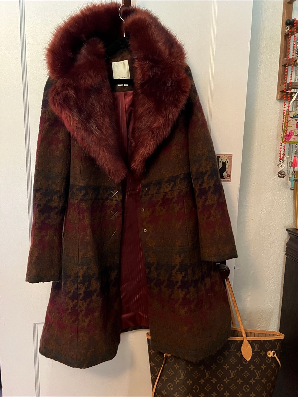 elevenses Burgundy Fur-Trim Houndstooth Wool Trench Coat